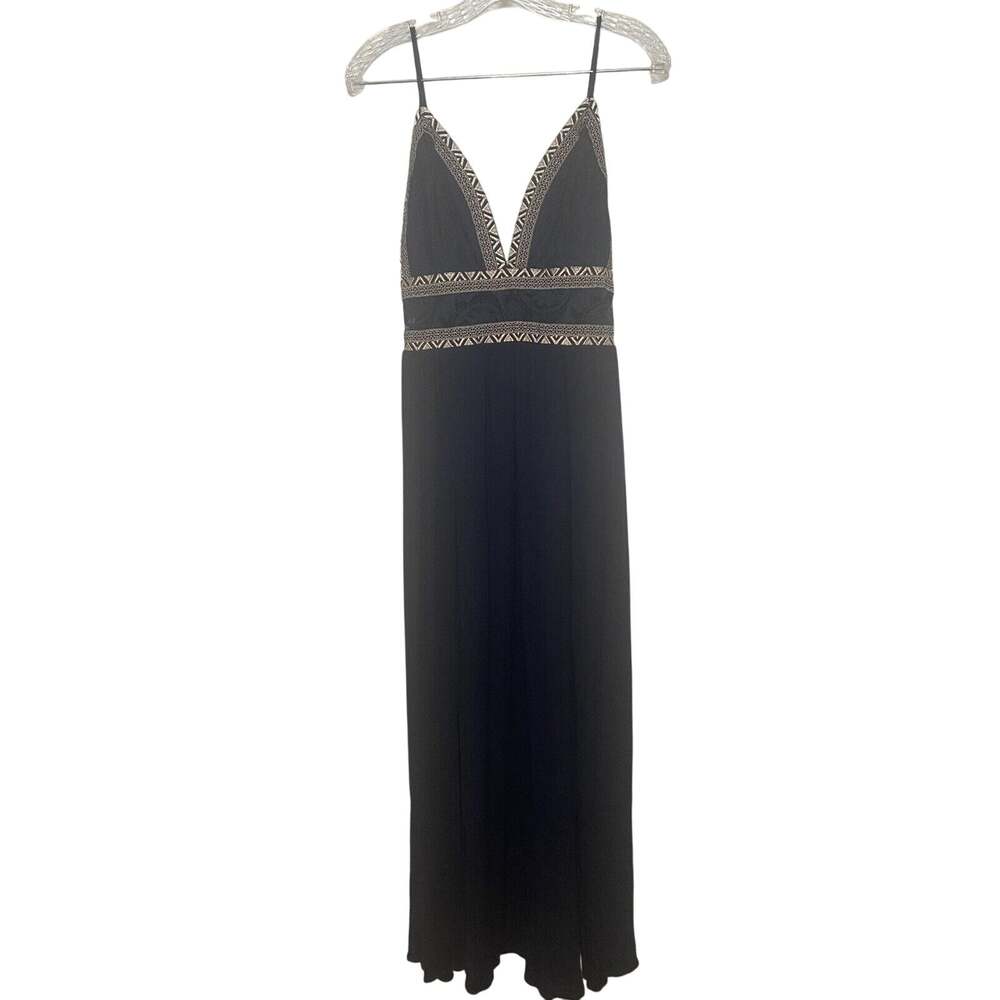 Soieblu Womens Navy Blue Gathered Skirt V-Neck Lace Bodice Long Size Medium